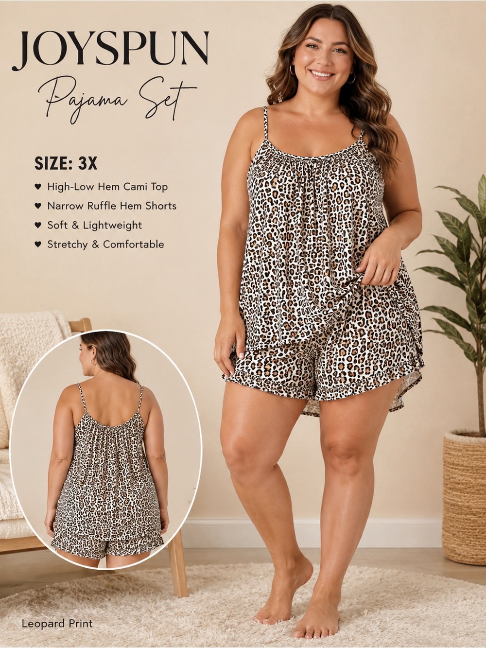 Joyspun Leopard Print Pajama Set Womens 3X High Low Cami Short Shorts